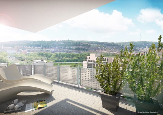 Blick vom Balkon einer Neubauwohnung im Rosenstein auf die Stadt: Mönchstraße am Rosenstein-Quartier
