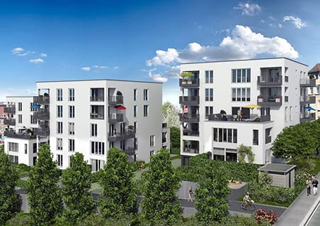 Modern und von Grün umgeben: die Stadthäuser am Roser. Foto: Bouwfonds Immobilienentwicklung