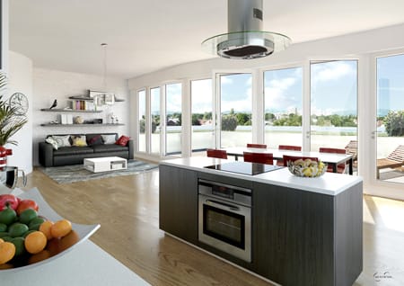 Offene Wohn-Ess-Kochbereiche wie hier im Neubauprojekt "LEBENSRAUM BOGENHAUSEN" sind im Trend