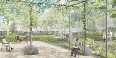 "Ort der Stille"  nahe des neuen Quartiersplatzes im 4. B.A. des Ackermannbogens. Foto: Levin Monsigny Landschaftsarchitekten GmbH