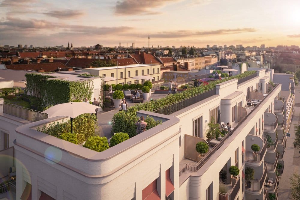 Auf dem Dach des Neubaus „CARTE BLANCHE“ entsteht ein Garten mit Dachterrasse für die Wohngemeinschaft. Die DAHLER & COMPANY Berlin GmbH & Co. KG vermarktet die 80 Wohnungen mit 1 bis 4 Zimmern (Bild: DAHLER &amp; COMPANY Berlin GmbH &amp; Co. KG).