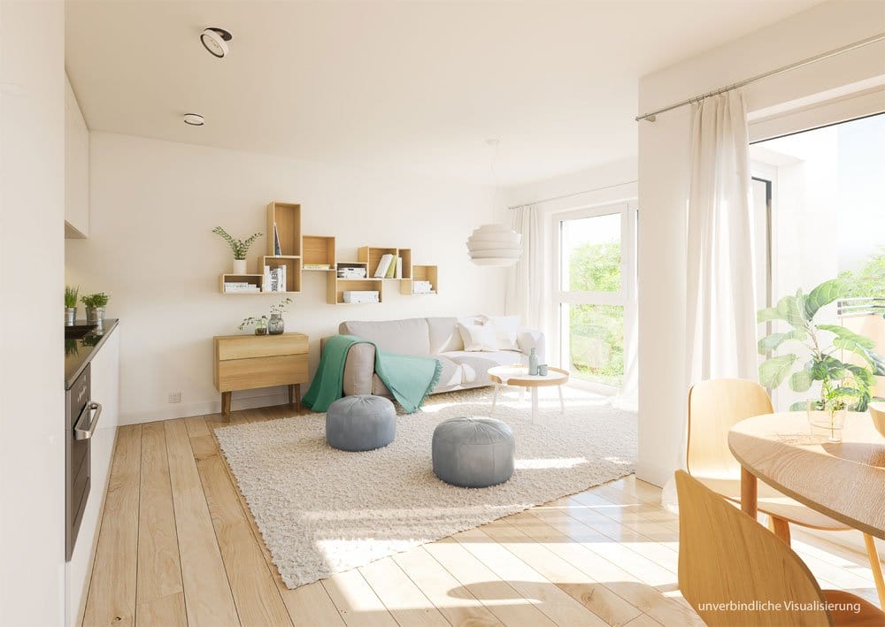 Durch die bodentiefen Fenster erstrahlt das Tageslicht die Wohnräume (Bild: AMADEUS Projektbau GmbH).