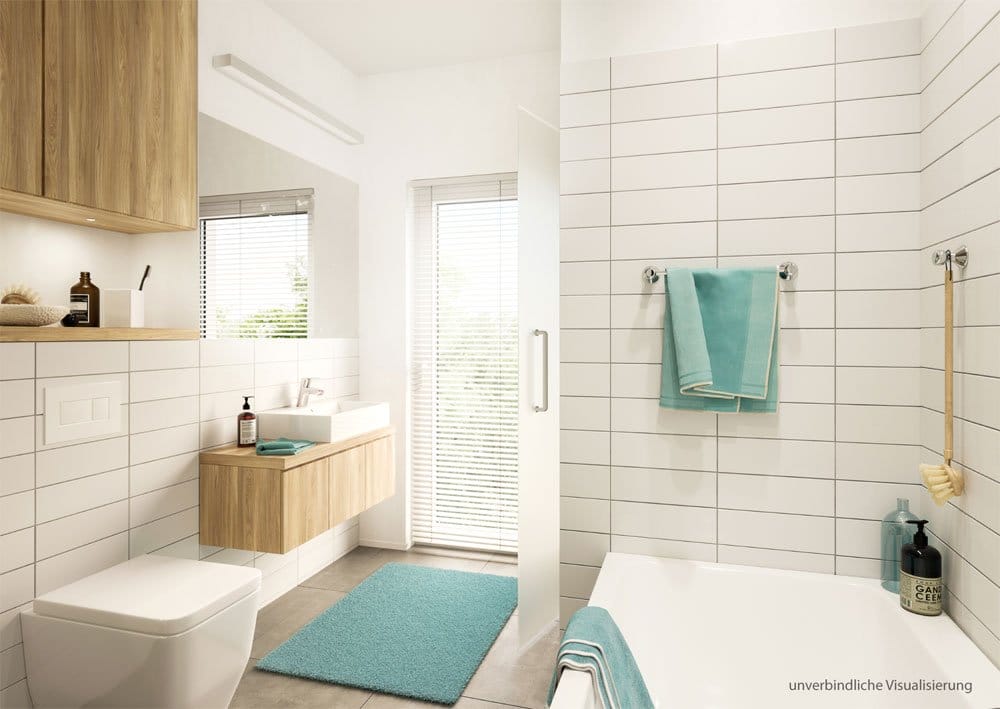 Mit stilvollen Fliesen ist das Badezimmer ausgestattet (Bild: AMADEUS Projektbau GmbH).