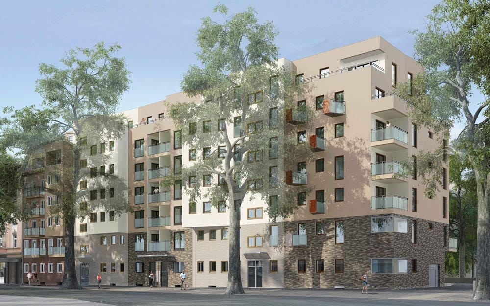 Im Ostend erstellt die BIEN-RIES AG den Neubau „EASTFIVE Frankfurt“ mit 84 Eigentumswohnungen (Bild: BIEN-RIES AG).