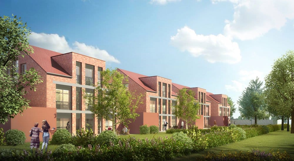 Die Einfamilienhäuser und Doppelhaushälften des Neubau-Quartiers „George´s“ in Köln-Rondorf sollen im Herbst 2019 bezugsfertig sein (Bild: KH Massivhaus Köln-Bonn GmbH).