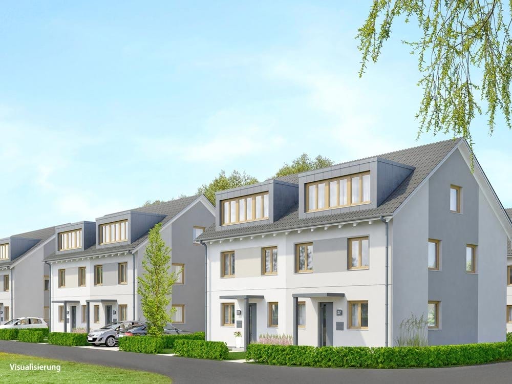 Die 26 neuen Reihen- und Doppelhäuser der „Theo-Gärten Mahlsdorf“ bieten vier bis fünf Zimmer (Bild: DKB Grund GmbH).