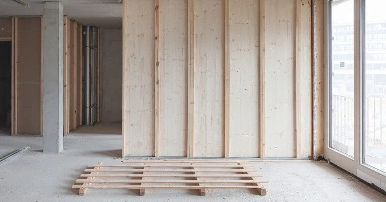 Holzwände im Ausbauhaus während des Innenausbaus.